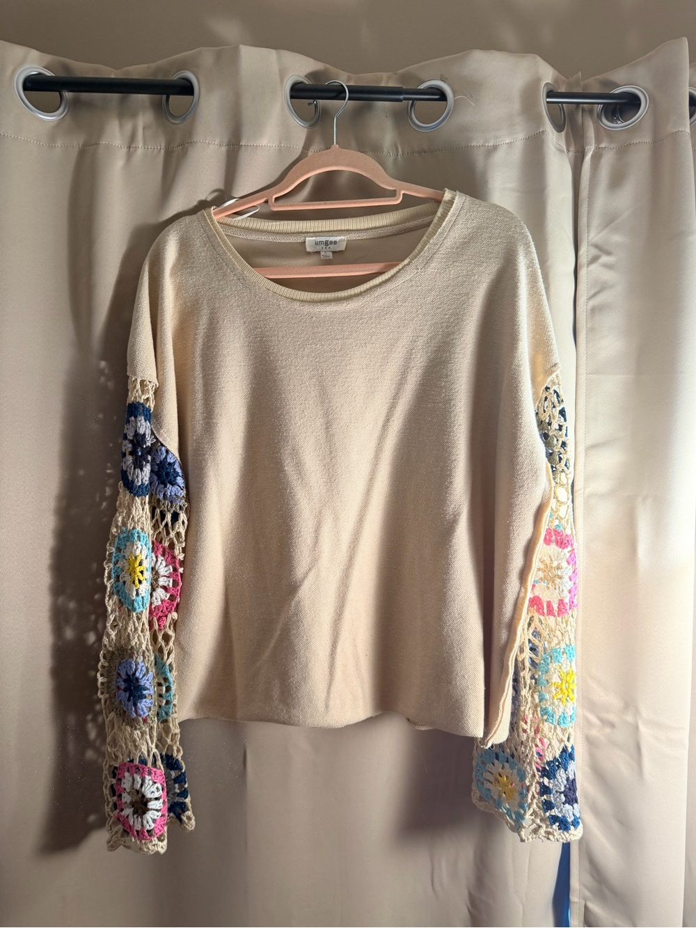 Umgee Cream Sweater with Multicolor Crochet Bell Sleeves